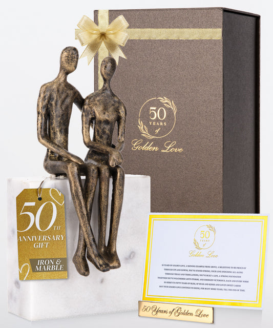 50th Anniversary Gift Set - Iron Couple sitting on a Marble Rock