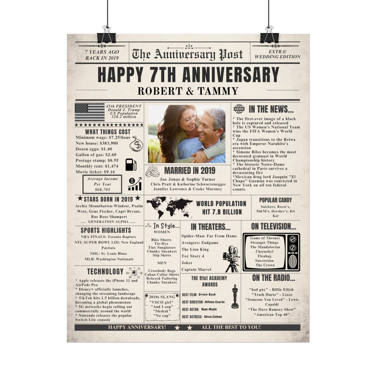 7 Year Anniversary Poster - Married in 2019 - Customizable Headline and Image