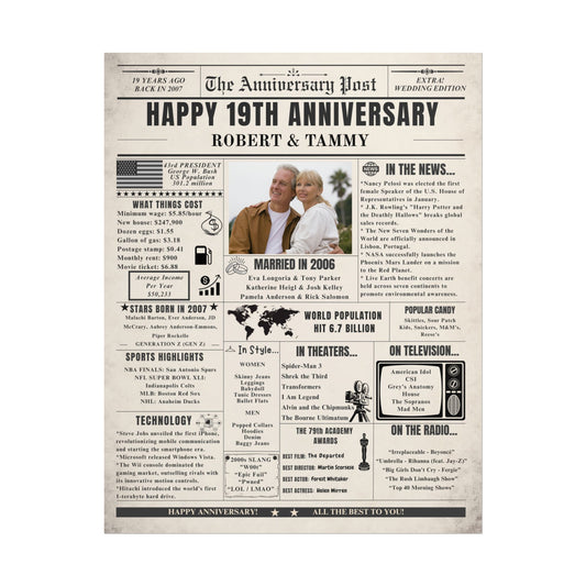 19 Year Anniversary Poster - Married in 2007 - Customizable Headline and Image