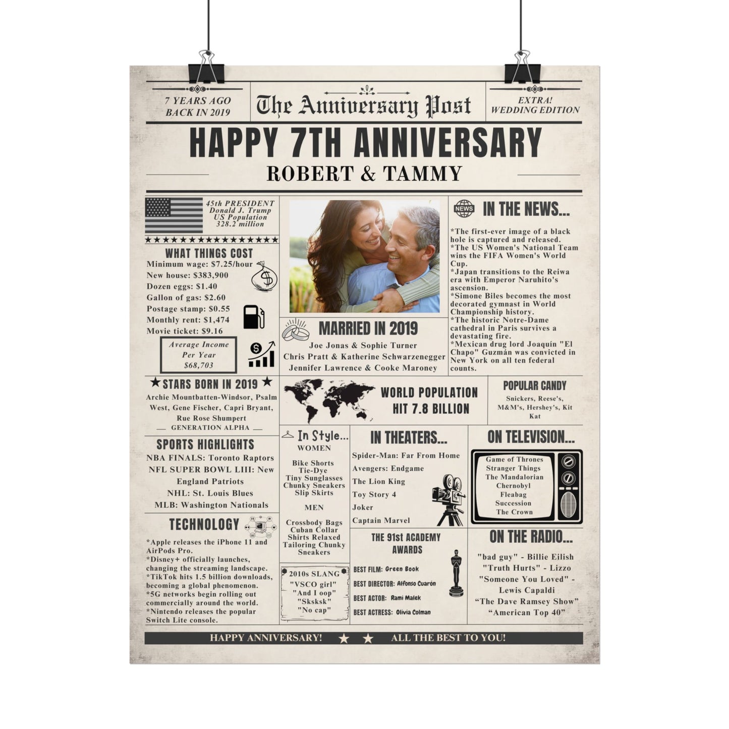 7 Year Anniversary Poster - Married in 2019 - Customizable Headline and Image
