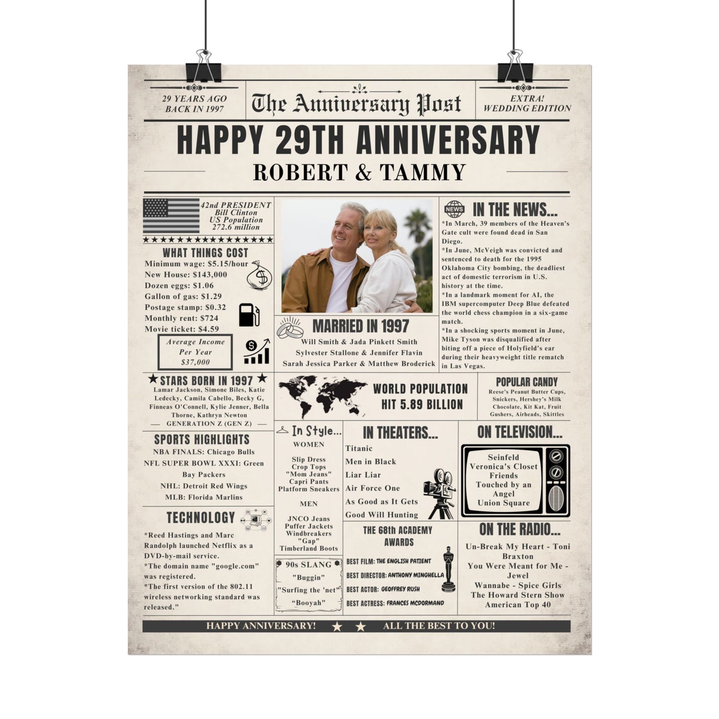 29 Year Anniversary Poster - Married in 1997 - Customizable Headline and Image