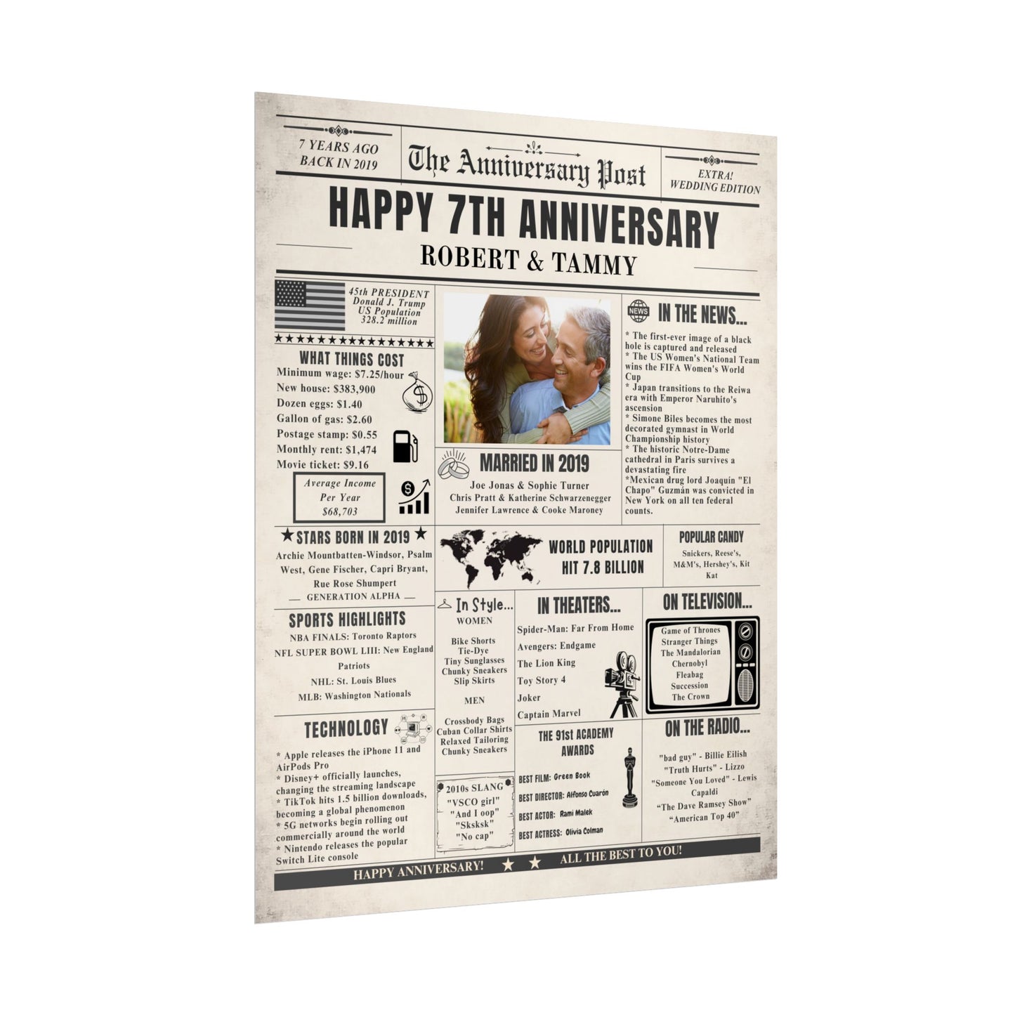 7 Year Anniversary Poster - Married in 2019 - Customizable Headline and Image