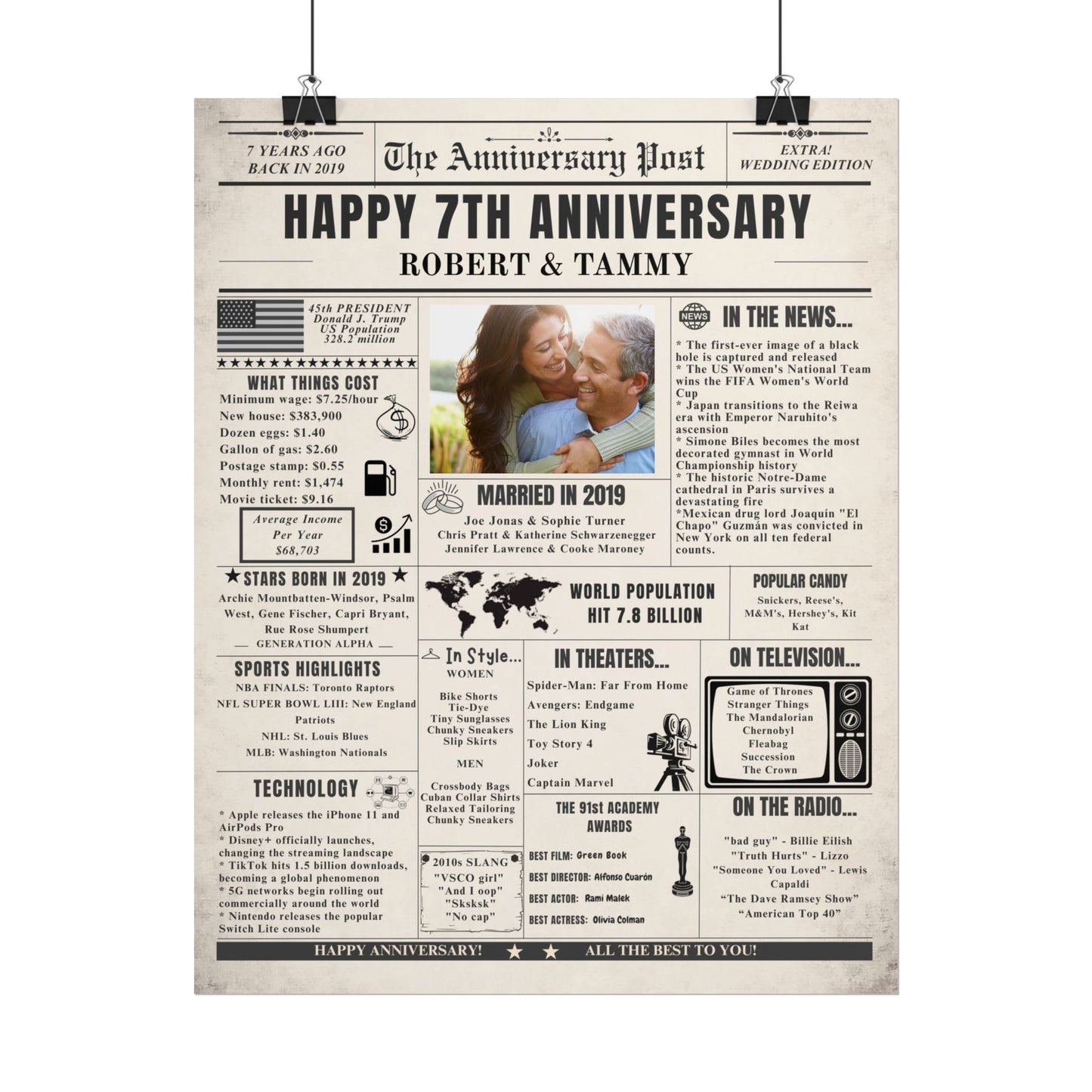 7 Year Anniversary Poster - Married in 2019 - Customizable Headline and Image