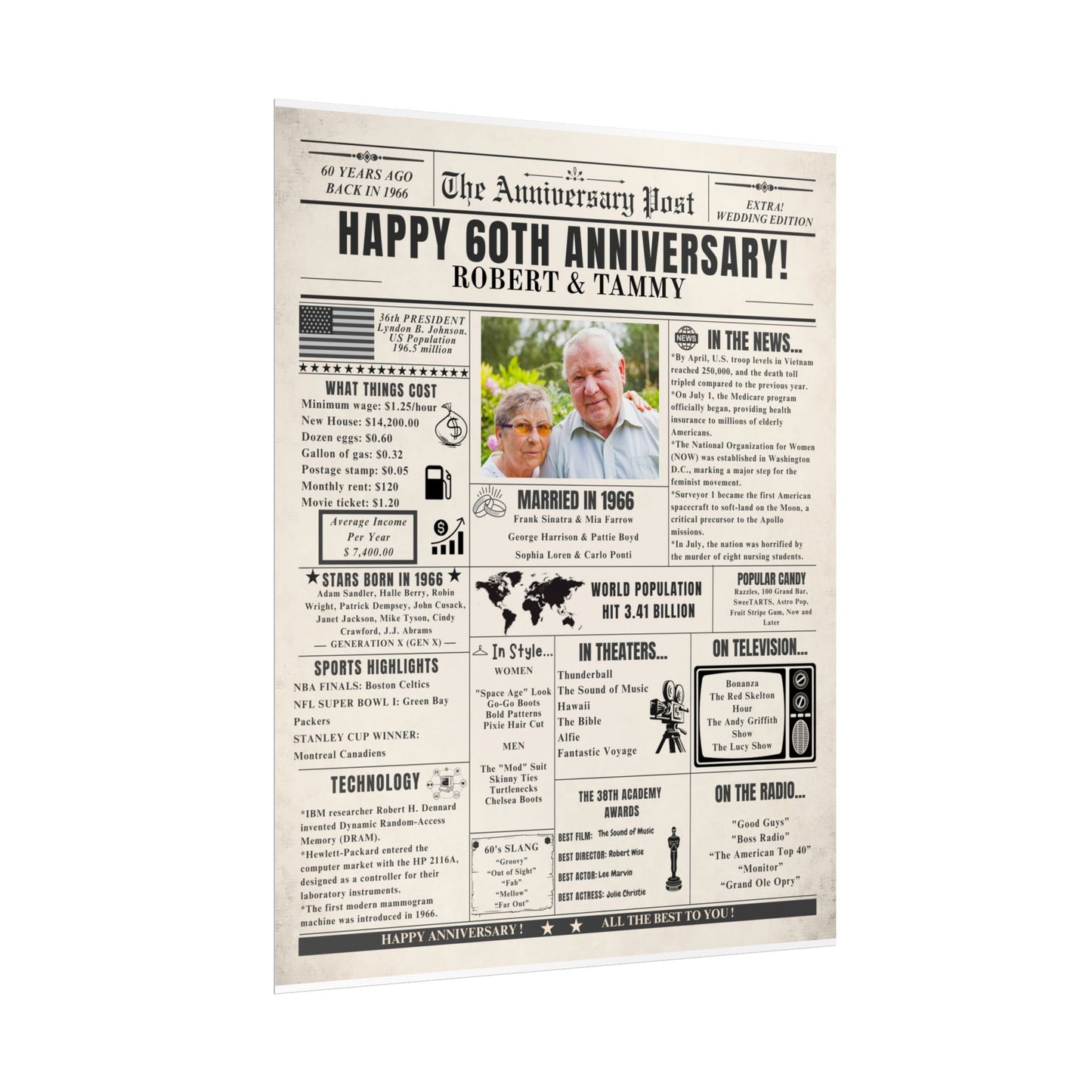 60 Year Anniversary Poster - Married in 1966 - Customizable Headline and Image