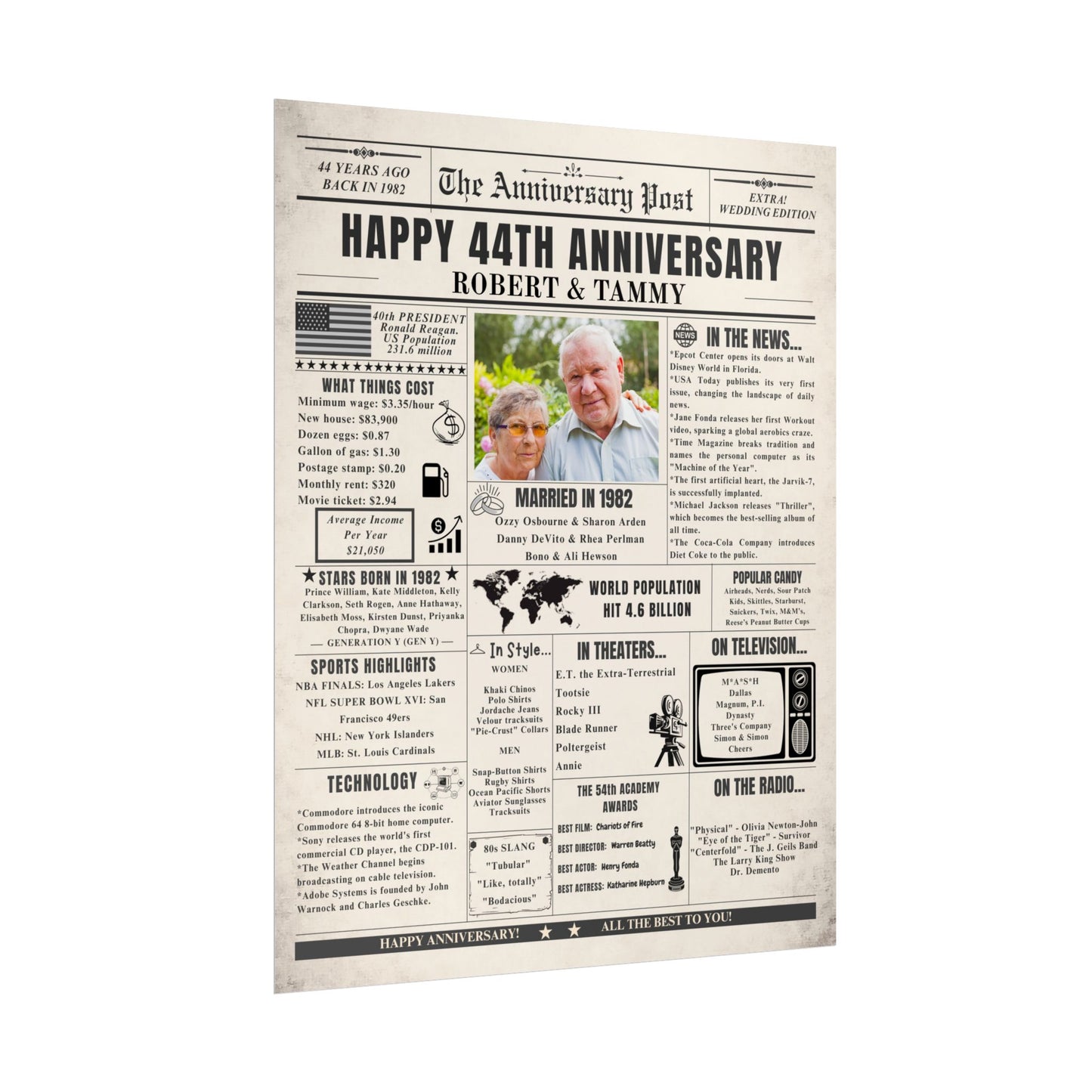 44 Year Anniversary Poster - Married in 1982 - Customizable Headline and Image