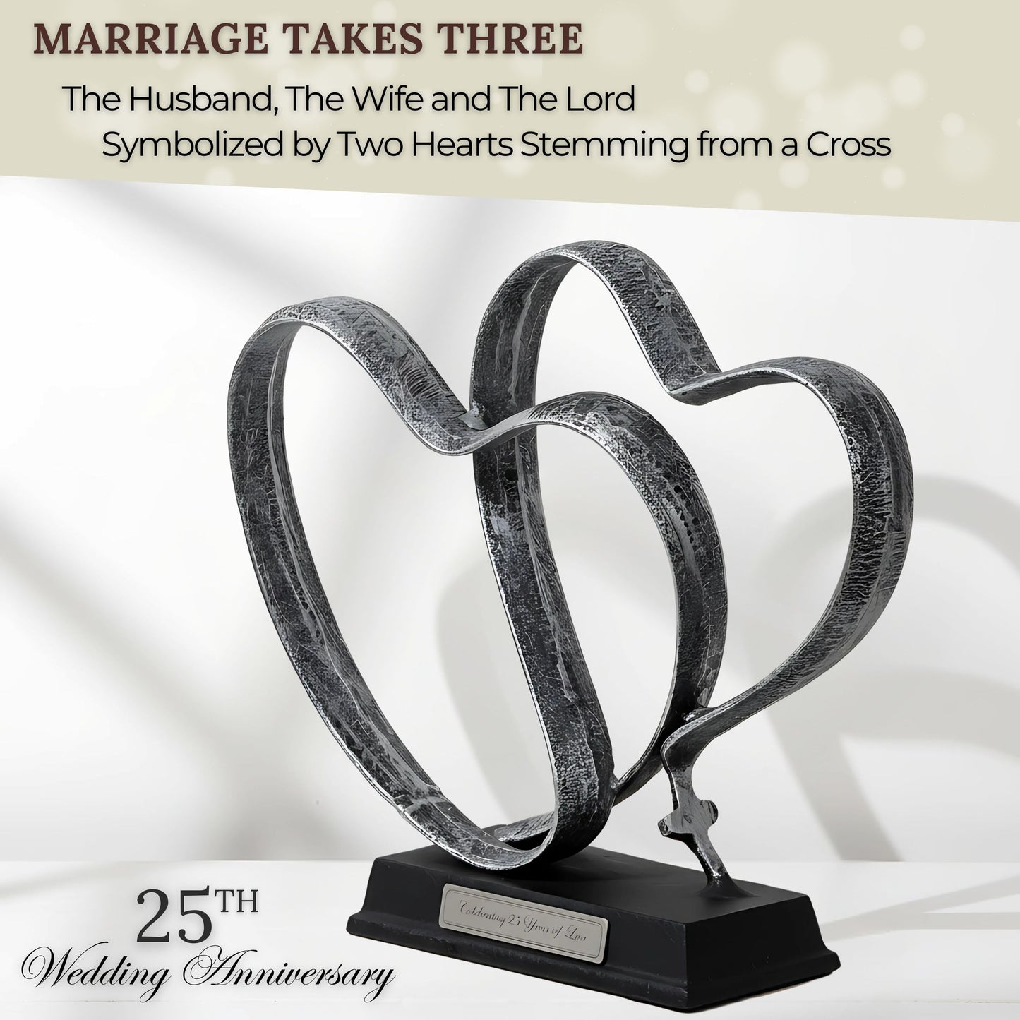 25th Wedding Anniversary Gift - Marriage Takes Three Hearts and Cross Iron Sculpture