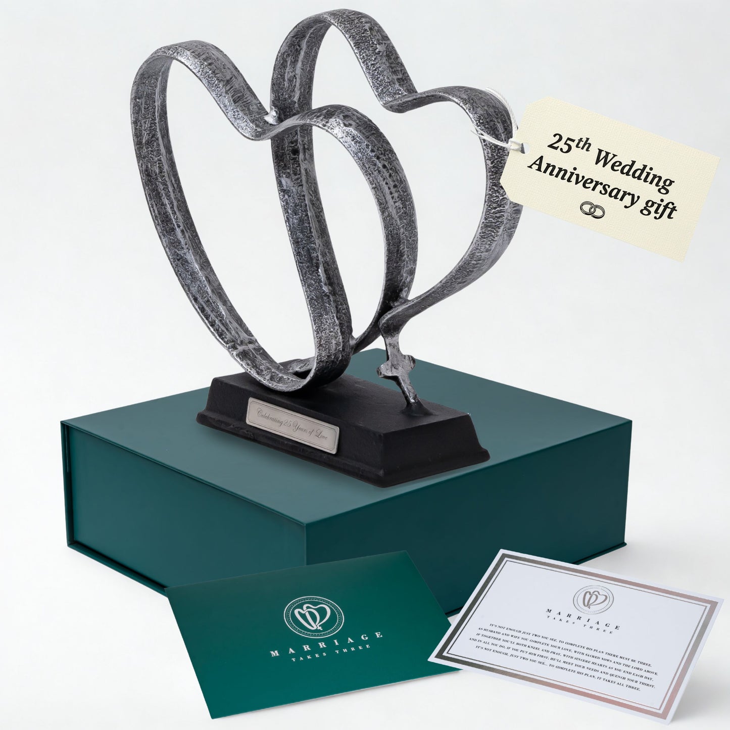 25th Wedding Anniversary Gift - Marriage Takes Three Hearts and Cross Iron Sculpture