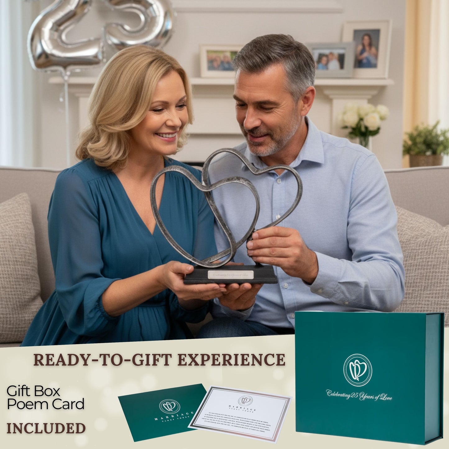 25th Wedding Anniversary Gift - Marriage Takes Three Hearts and Cross Iron Sculpture