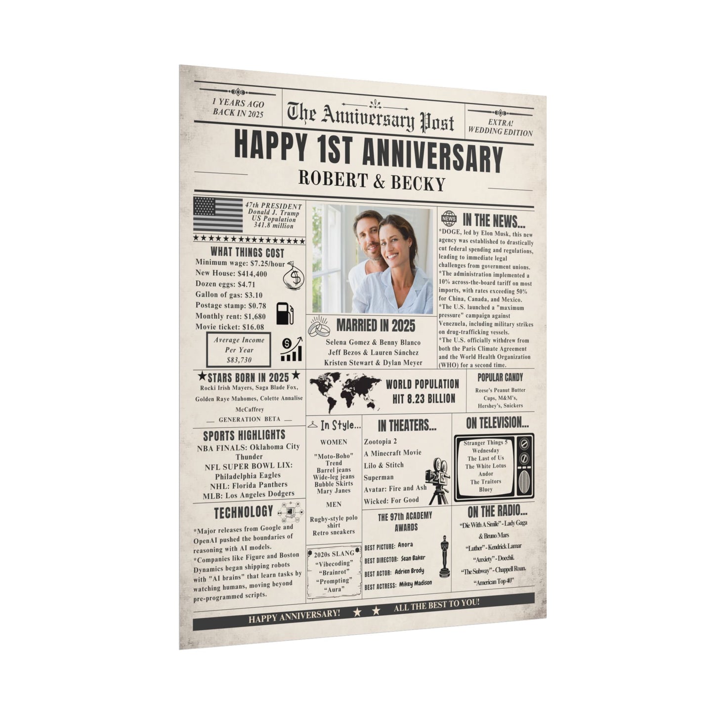 1 Year Anniversary Poster - Married in 2025 - Customizable Headline and Image