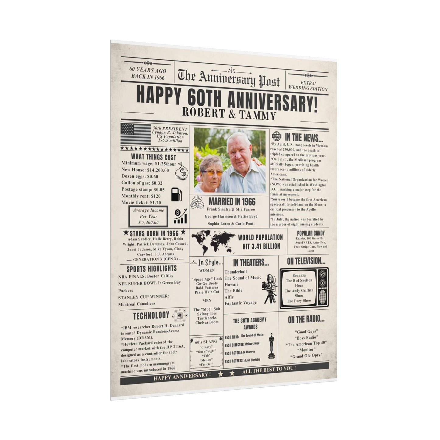 60 Year Anniversary Poster - Married in 1966 - Customizable Headline and Image