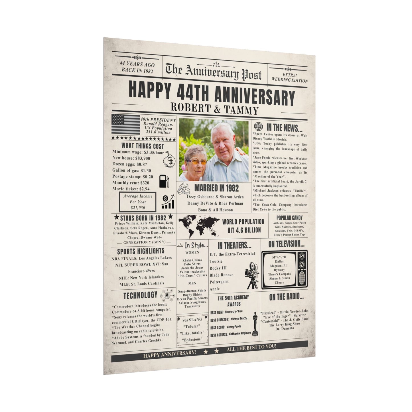 44 Year Anniversary Poster - Married in 1982 - Customizable Headline and Image