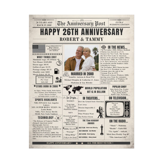 26 Year Anniversary Poster - Married in 2000 - Customizable Headline and Image