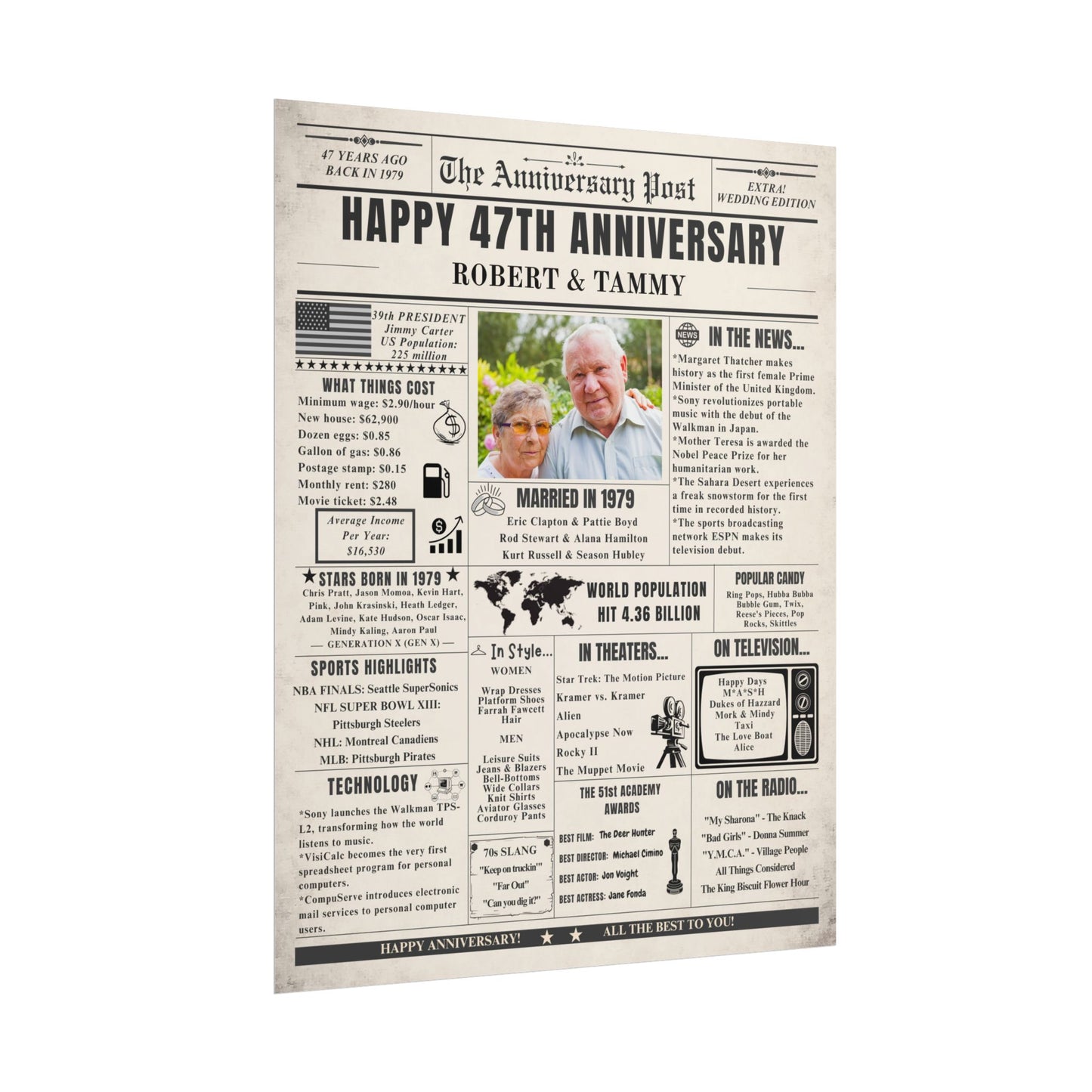 47 Year Anniversary Poster - Married in 1979 - Customizable Headline and Image