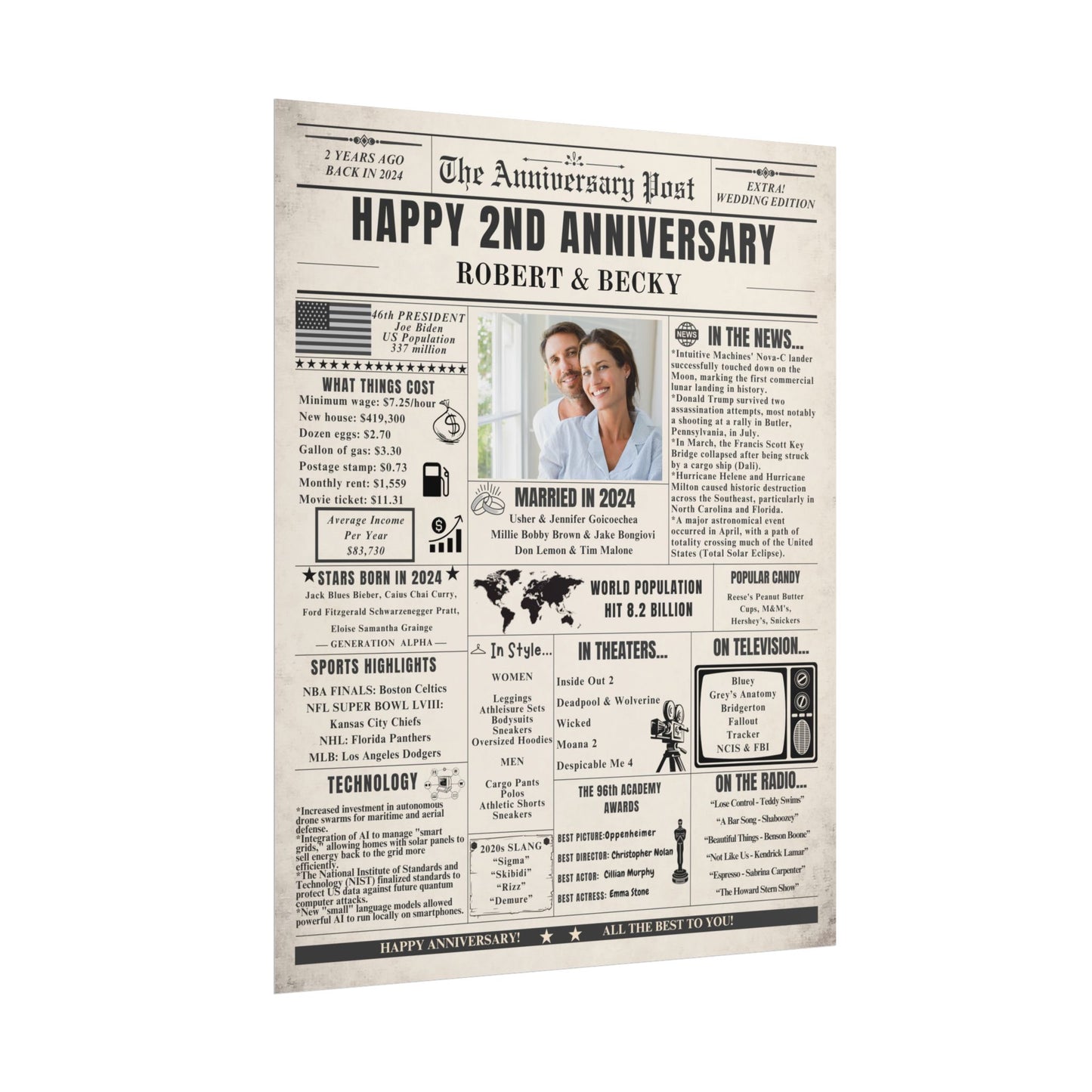 2 Year Anniversary Poster - Married in 2024 - Customizable Headline and Image