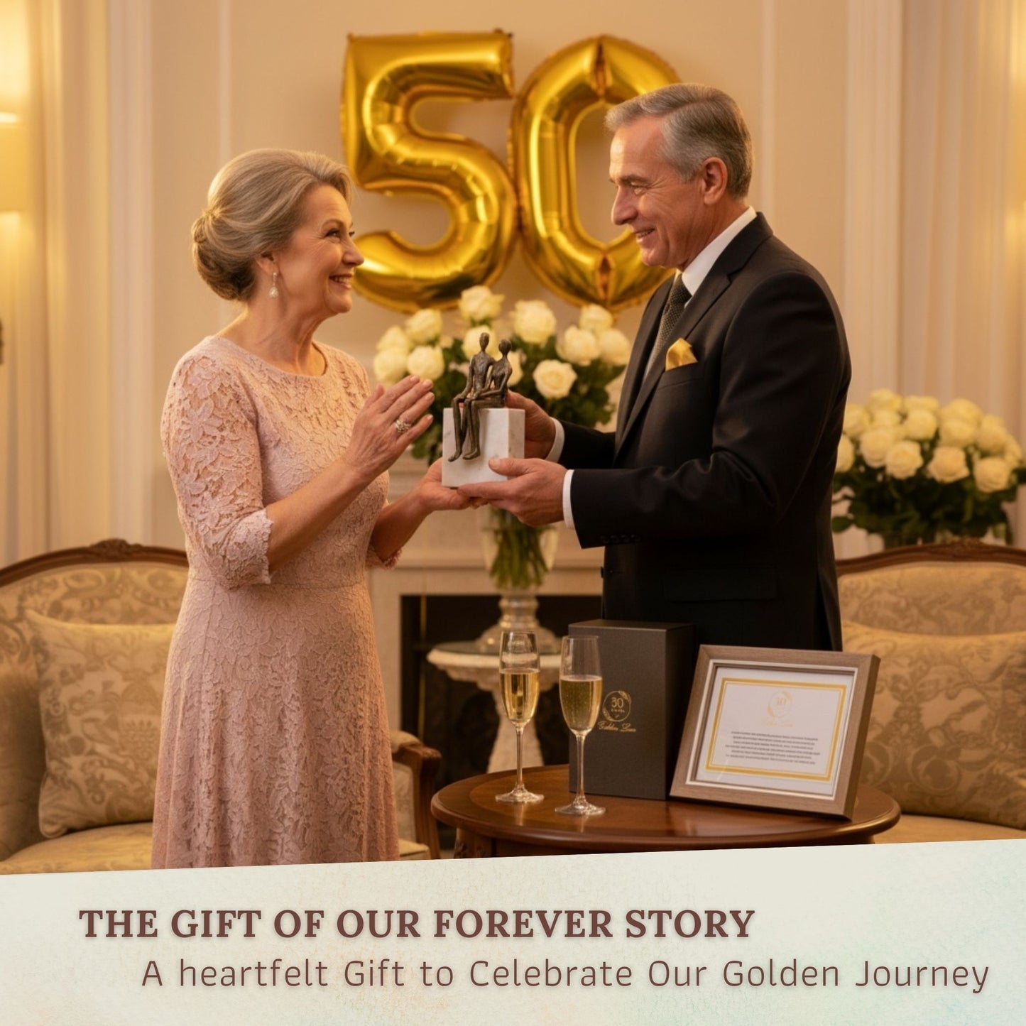 50th Anniversary Gift Set - Iron Couple sitting on a Marble Rock