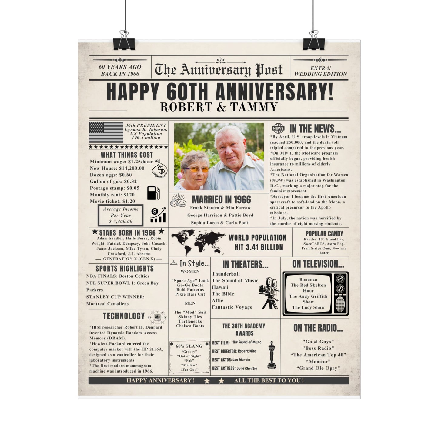 60 Year Anniversary Poster - Married in 1966 - Customizable Headline and Image