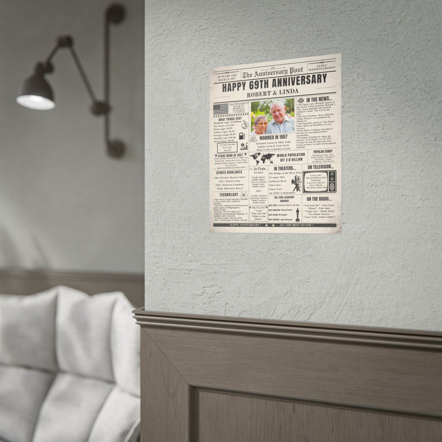 69 Year Anniversary Poster - Married in 1957 - Customizable Headline and Image