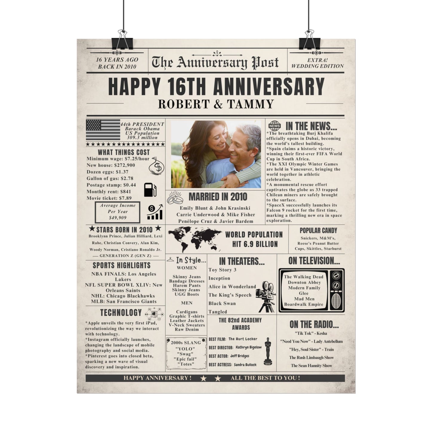 16 Year Anniversary Poster - Married in 2010 - Customizable Headline and Image