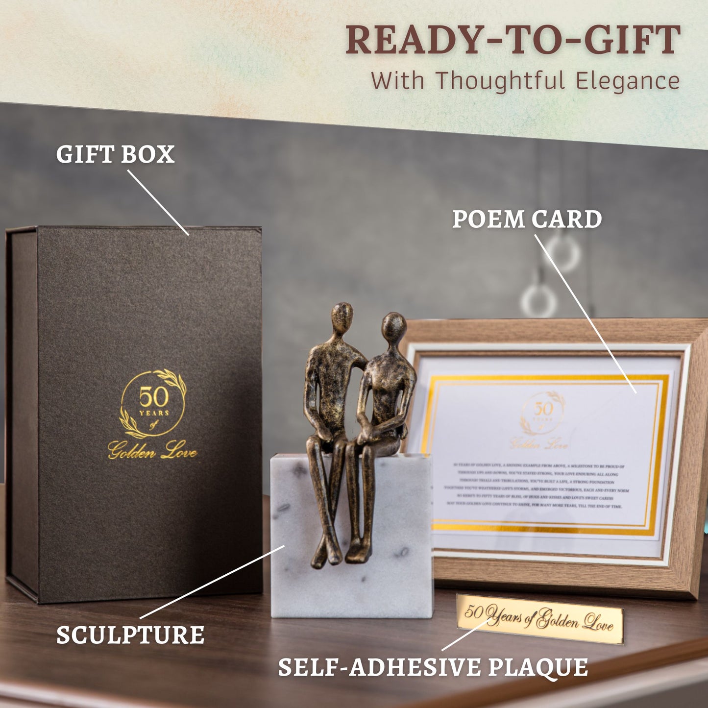 50th Anniversary Gift Set - Iron Couple sitting on a Marble Rock